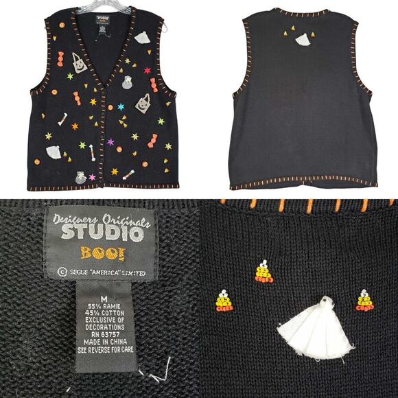VTG Designers Originals Studio Vest Size Medium M Halloween Sweater Ghosts Candy - Picture 1 of 7